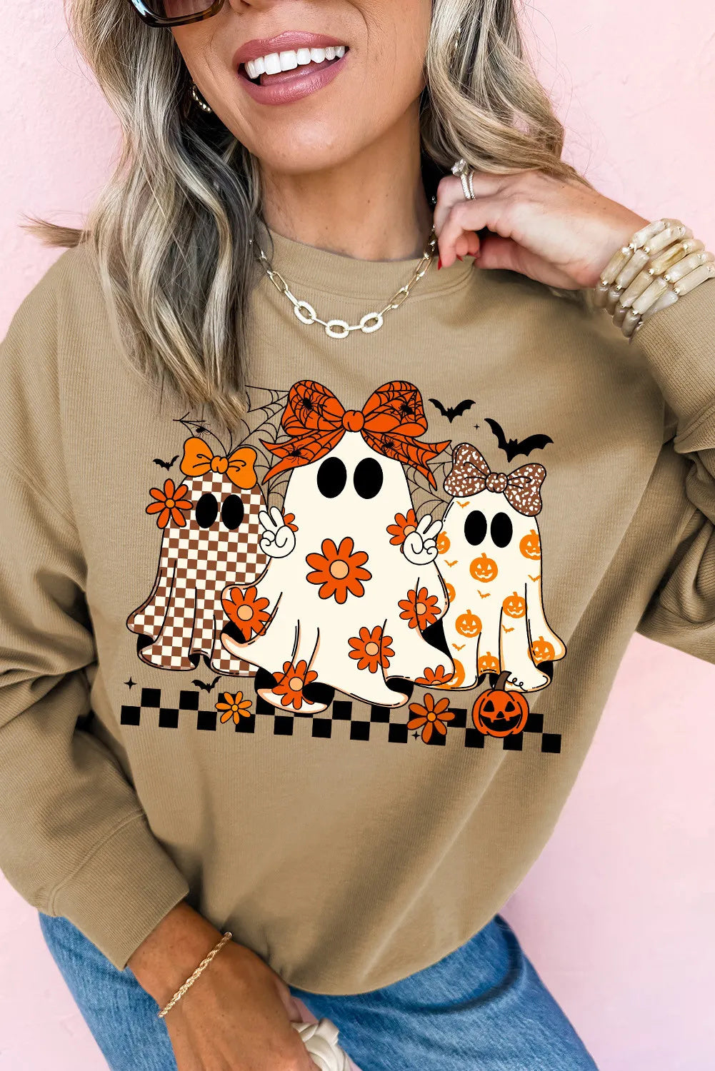 Khaki Cute Halloween Ghost Printed Drop Shoulder Baggy Sweatshirt