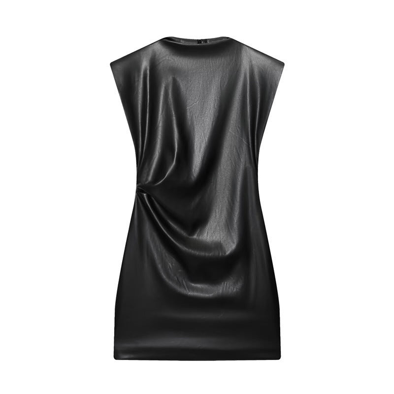 Women's Slim-fit Faux Leather Padded Shoulder Short Dress