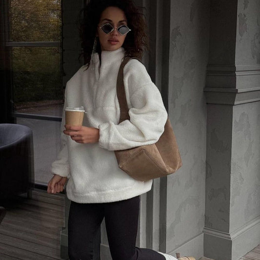 Solid Color European And American Zipper Collar Plush Coat