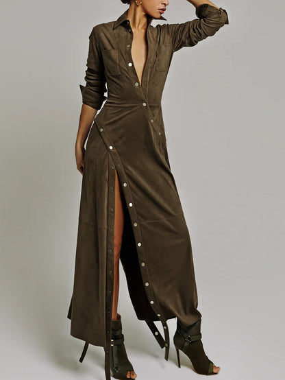 Olive Green Suede Shirt Dress With Asymmetric Snap Button Slit