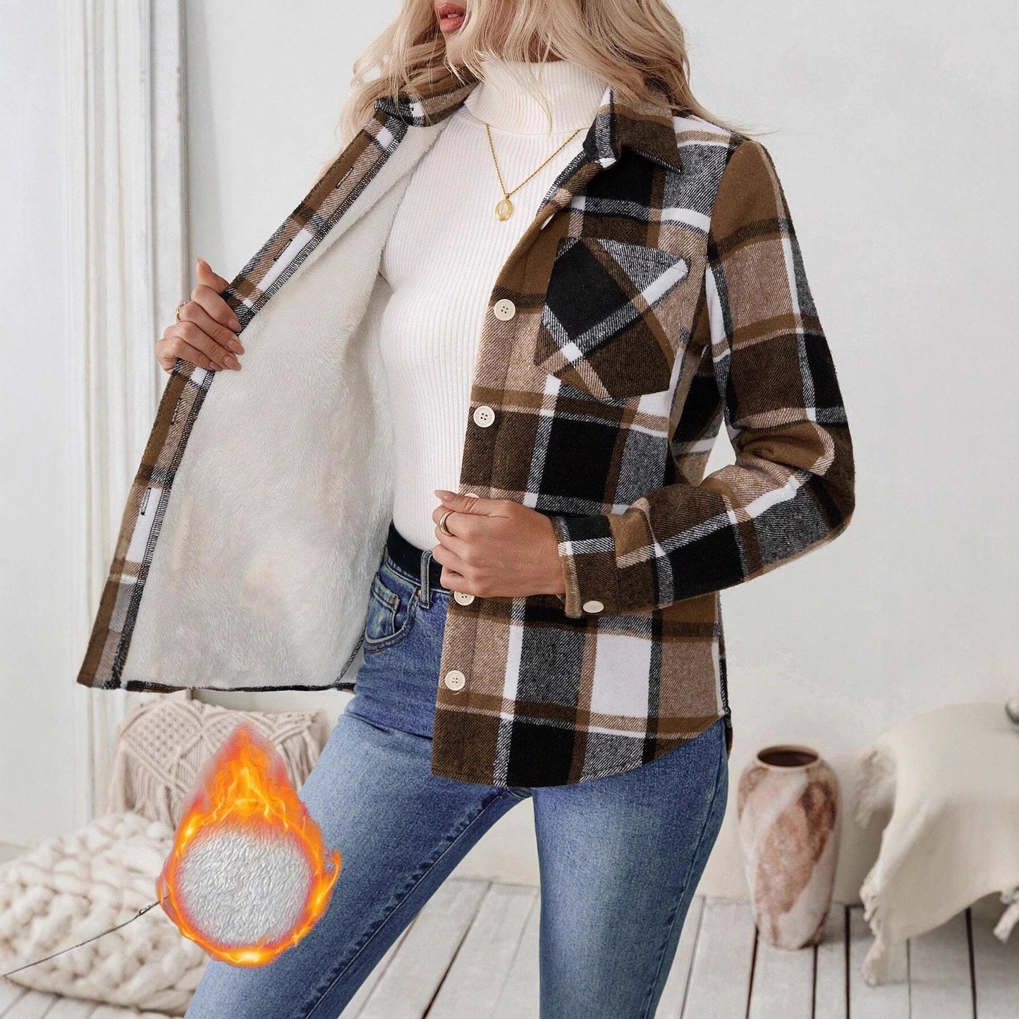 Woolen Woven Plaid Button Shirt Collar Jacket Top