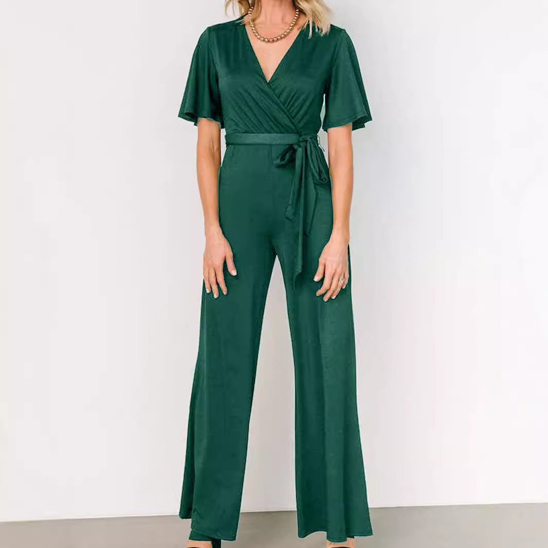Women's Casual Solid Color Short Sleeve Belt Jumpsuit
