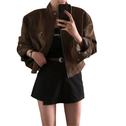 Retro Graceful Stand Collar Zipper Pocket Loose Versatile Short Jacket