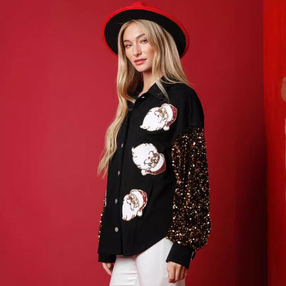 Women's Long-sleeved Button Fleece Shirt Sequined Sleeve Coat