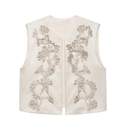 European And American Style Women's Fashion Casual Embroidery Suede Vest Jacket