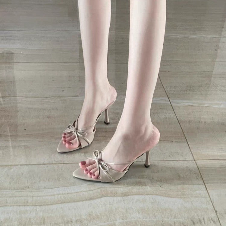 New Summer Satin Sexy Open Toe Bow Elegant Stiletto High Heel Sandals, Socialite Style