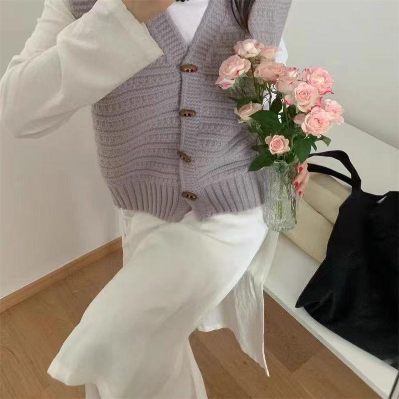 College Style Knitted Cardigan Vest Solid Color Wooden Buckle Bandage Dress