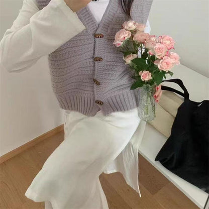 College Style Knitted Cardigan Vest Solid Color Wooden Buckle Bandage Dress