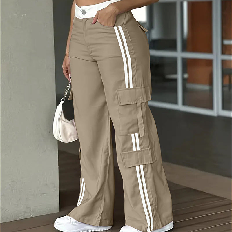 Women's Striped Straight Leg Pants Button Zip With Pocket Casual Trousers For Spring And Fall