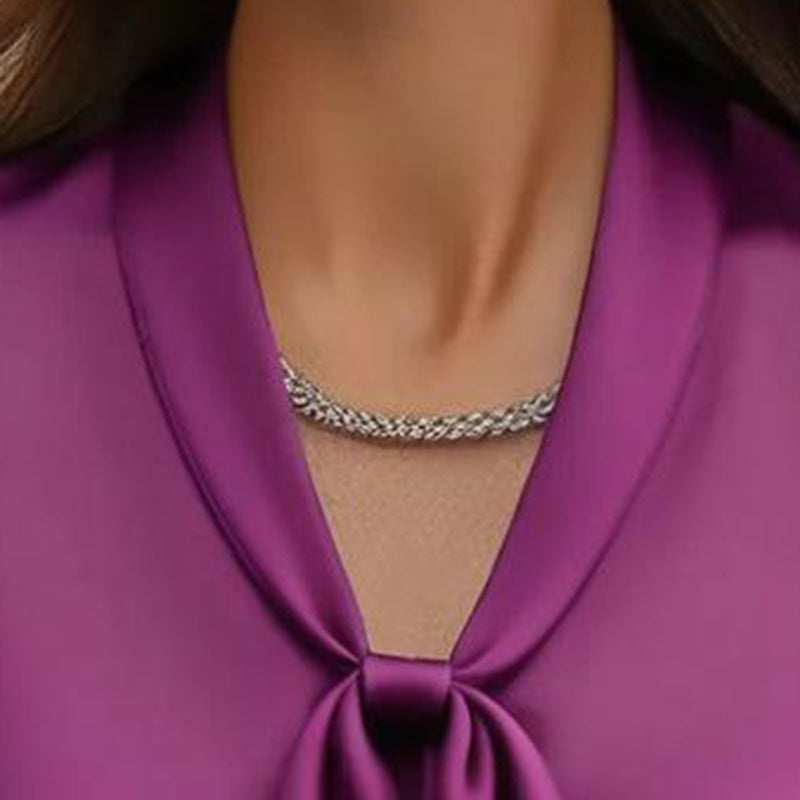 Women's Elegant Satin Blouse, Long Sleeve Button Down Shirt With Ribbon Detail For Office Work