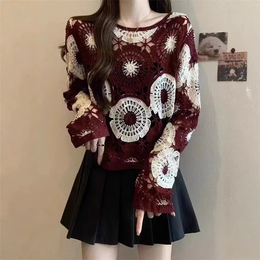 Hollow Crocheted Round Neck Long Sleeve Knitted Sweater