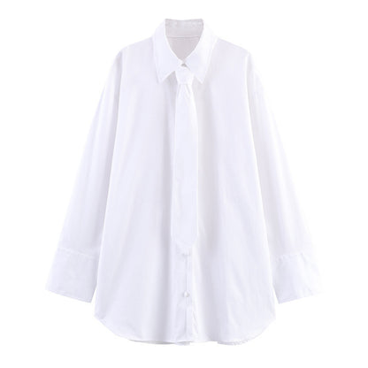 Women's Fashion Casual Loose Tie Decorated Poplin Shirt