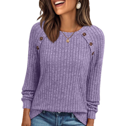 Round Neck Sunken Stripe Brushed Solid Color Top Long Sleeve