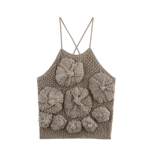 Three-dimensional Flower Design Fluffy Texture Sling Top For Women