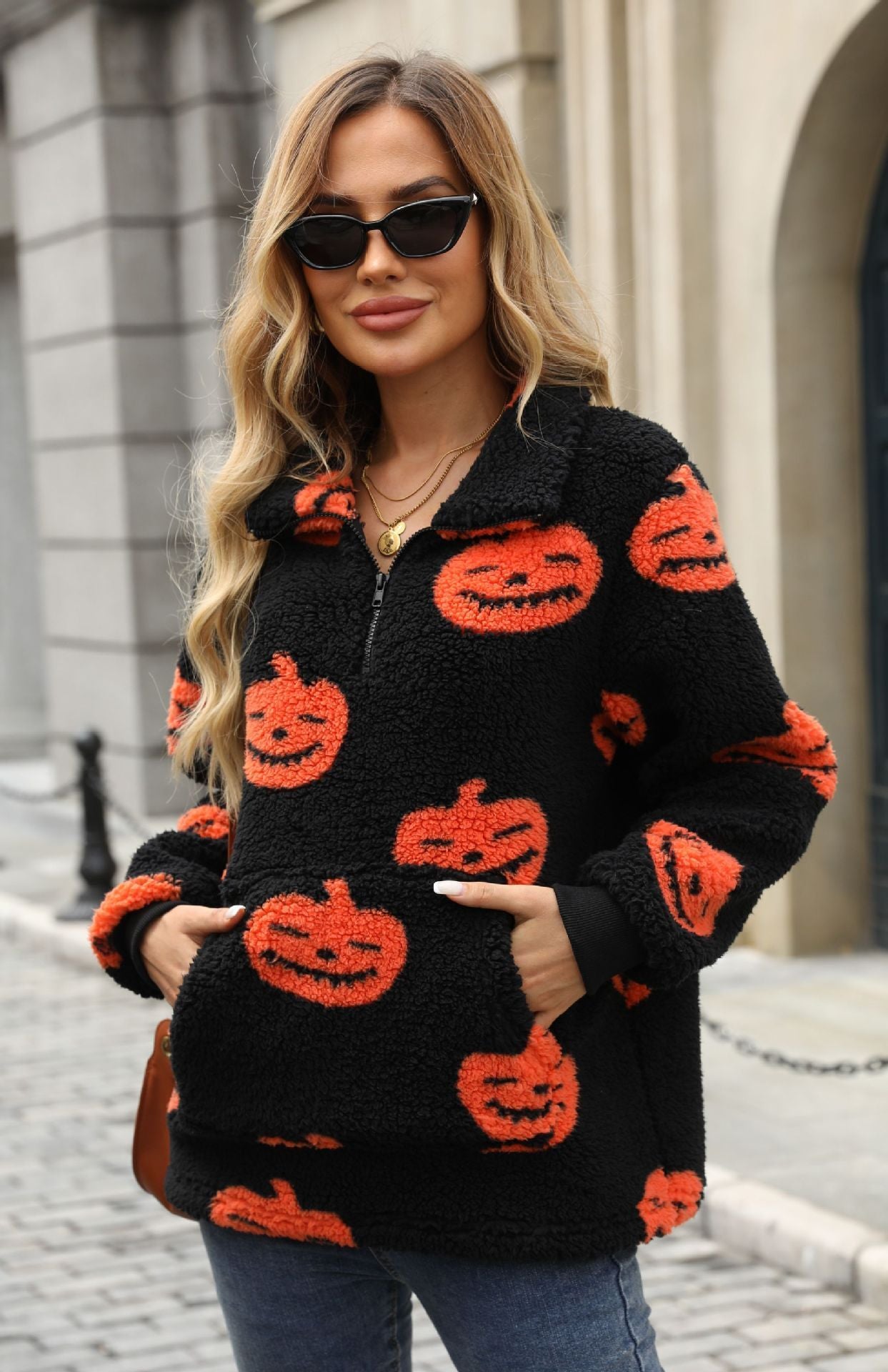 Autumn And Winter New European And American Halloween Pumpkin Print Half Zipper Plush Pullover Sweater