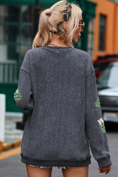 Round Neck Sequins Christmas Tree Rib Sweater For Women