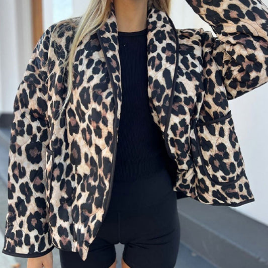 Vintage Leopard Print Printed Women's Lapel Pocket Loose And Warm Coat