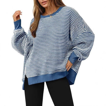 Waffle Knitted Long Sleeve Crew Neck Split Pullover Sweater