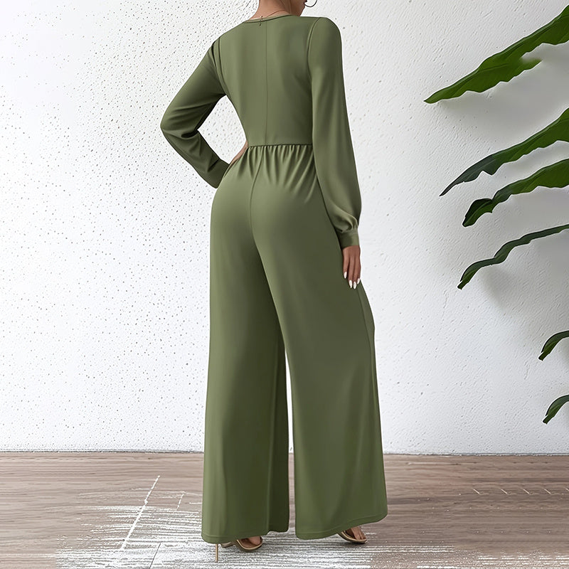 Women's Elegant Jumpsuit With Cross V-Neck & Long Sleeve Solid Color Belted Wide Leg Pantsuit For Office And Formal