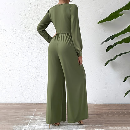 Women's Elegant Jumpsuit With Cross V-Neck & Long Sleeve Solid Color Belted Wide Leg Pantsuit For Office And Formal