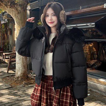 Hooded Large Fur Collar Cotton Short Padded Jacket