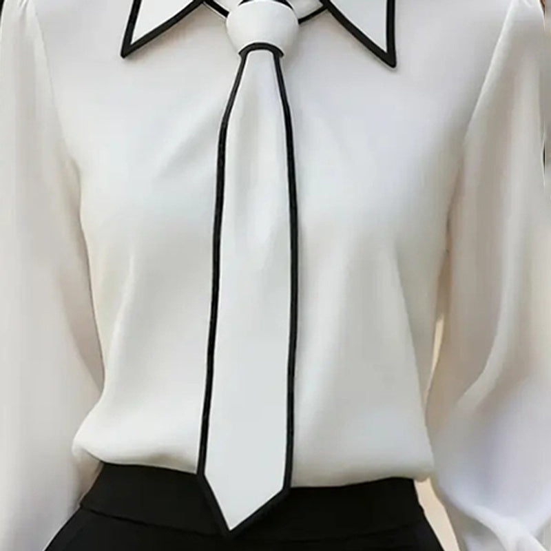 Women's Classic Tie & Lapel Blouse, Long Sleeve Contrast Color Design Shirt For Office And Formal Wear