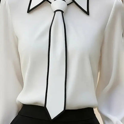 Women's Classic Tie & Lapel Blouse, Long Sleeve Contrast Color Design Shirt For Office And Formal Wear