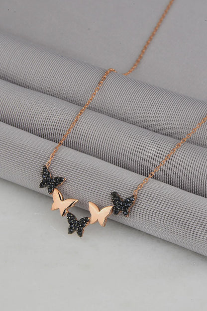Rose Gold Butterfly Necklace with Black Stone Pendant
