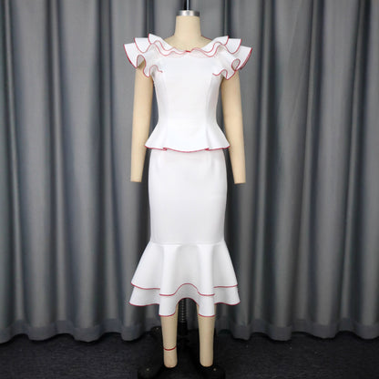 Women's Ruffled Contrast Color Top Temperament Slim Fishtail Skirt Suit