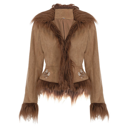 Vintage Maillard Fur Collar Flower Embroidery Short Warm Coat