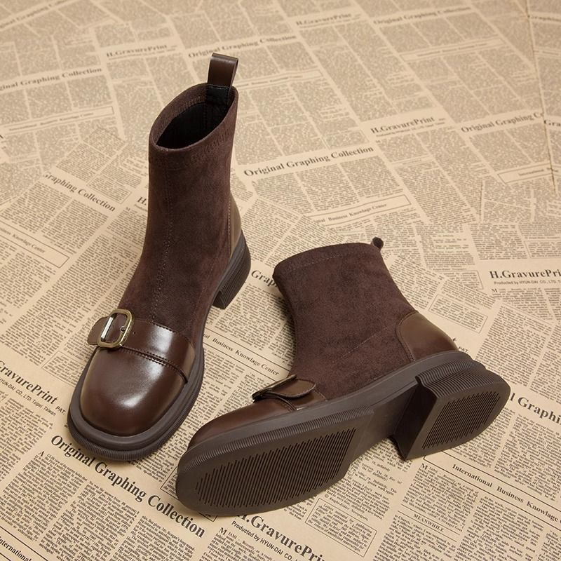 Retro British Style Versatile Slim Boots Brown Sock Boots