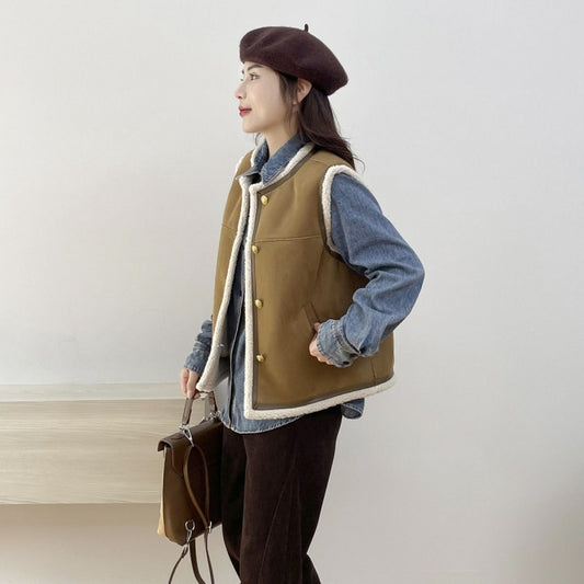 Retro Crew Neck Short Leather And Fur Vest