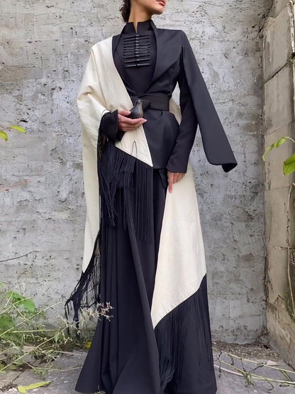 Vintage Button Long Sleeve Dress With Tassel Scarf -Including Belt