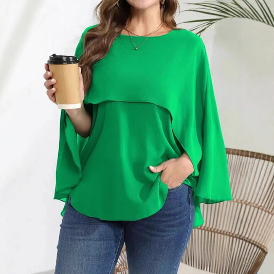 Cape Round Neck Long Sleeve Plus Size Women's Clothes Top