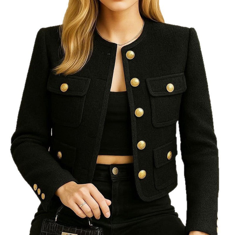 Women's Round Neck Pure Color All-matching Woolen Short Jacket