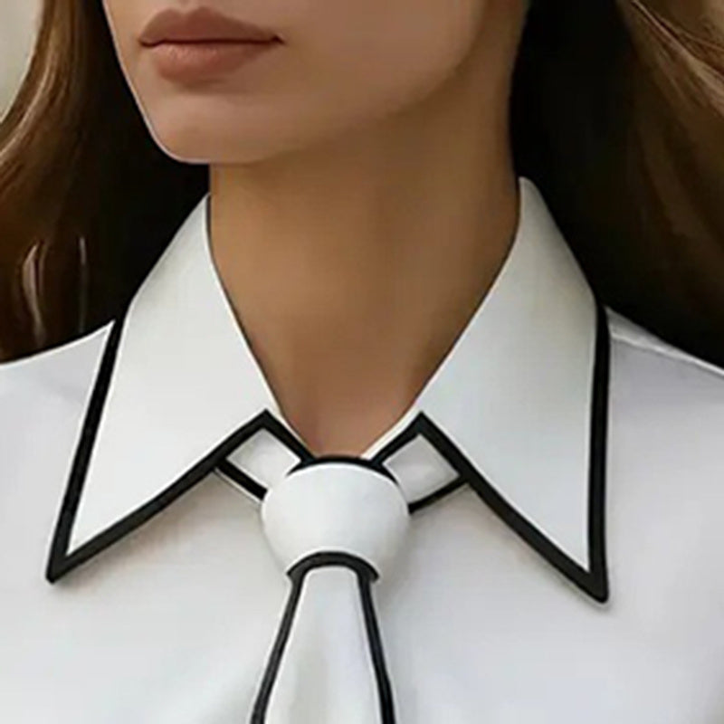 Women's Classic Tie & Lapel Blouse, Long Sleeve Contrast Color Design Shirt For Office And Formal Wear