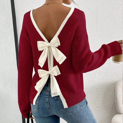 Women's Bow Sweater Long Sleeve Top, Open Back Crew Neck Split Pullover, Fall Trendy Going Out Sweater