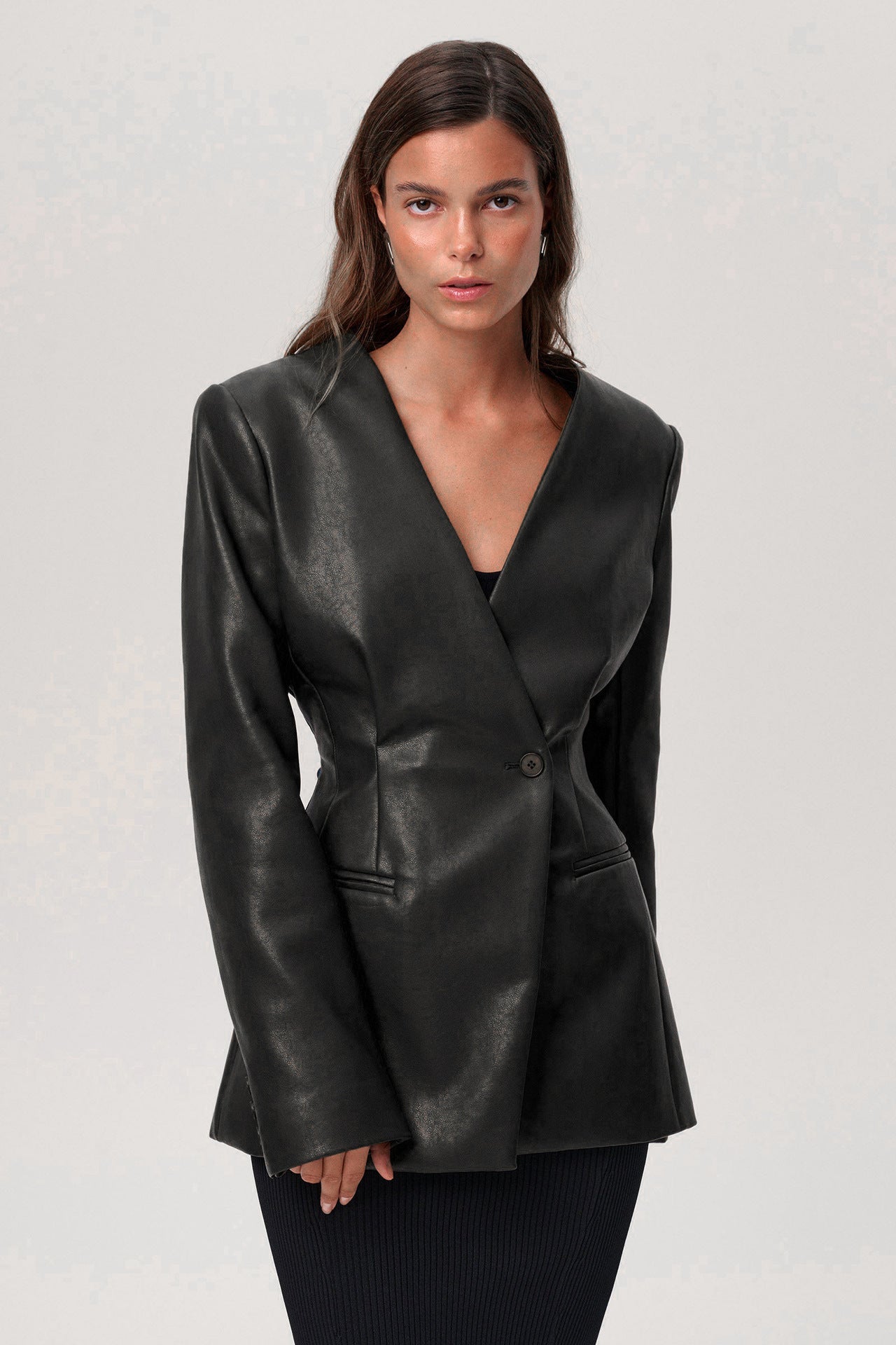 Fashionable Elegant Green V-neck Slim Suit Leather Coat