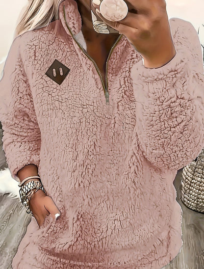 Solid Color Plush Half Zipper Pocket Pullover Sweater Top Women