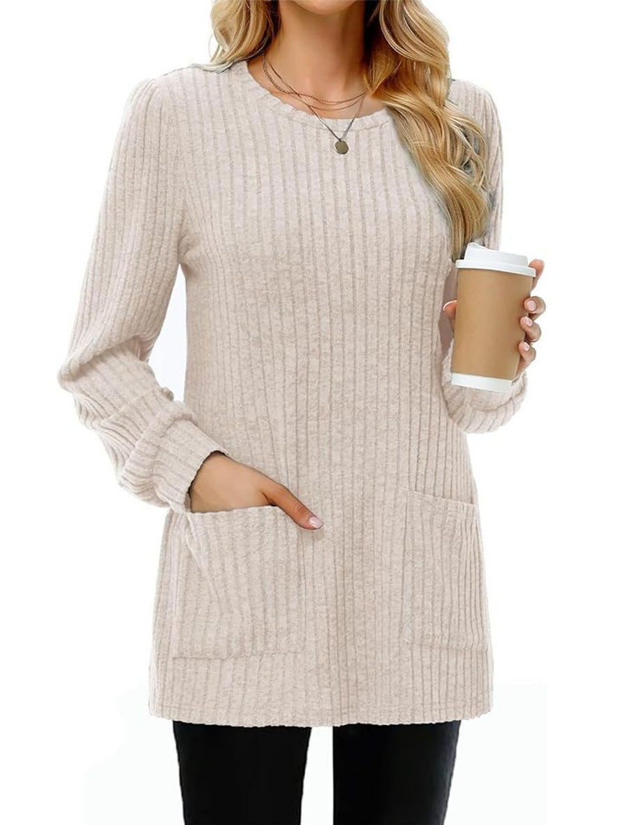 Mid-length Sweater Round Neck Sunken Stripe Solid Color Pocket Top