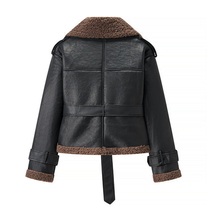 Autumn And Winter Short Flared Fur-Lined Coat With Collar