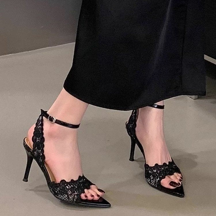 Summer New French Niche Design Women Sandals, Pointed Toe Lace Stiletto High Heel Open Toe Outdoor Shoes