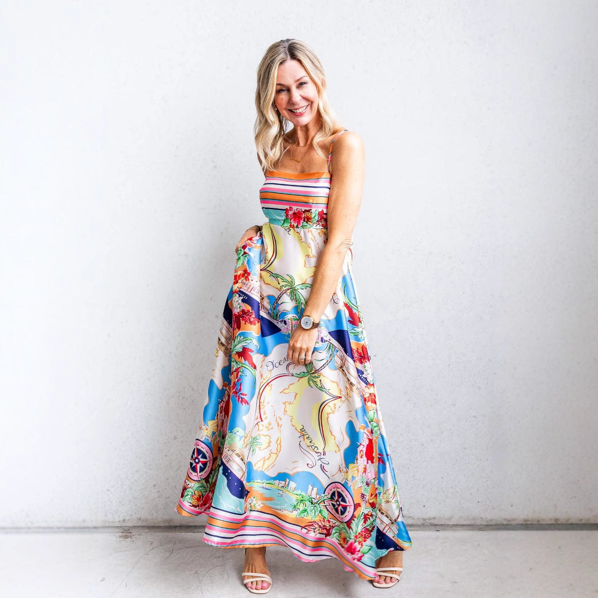 Women's High Waist Print Vacation Style Large Swing Suspender Dress