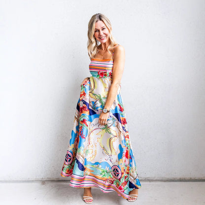 Women's High Waist Print Vacation Style Large Swing Suspender Dress