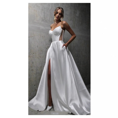White Satin Slit Pocket Bandage Wedding Dress