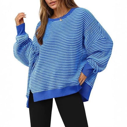 Waffle Knitted Long Sleeve Crew Neck Split Pullover Sweater