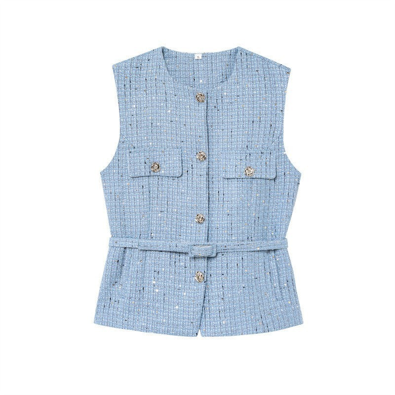 Women's Fashion Casual Sleeveless With Belt Texture Vest