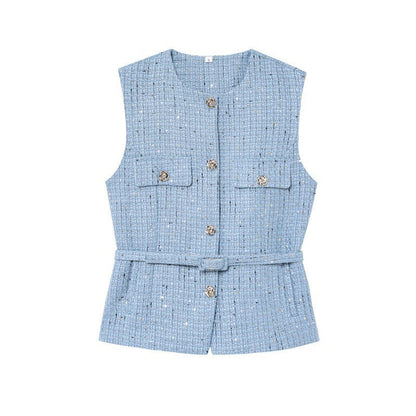 Women's Fashion Casual Sleeveless With Belt Texture Vest