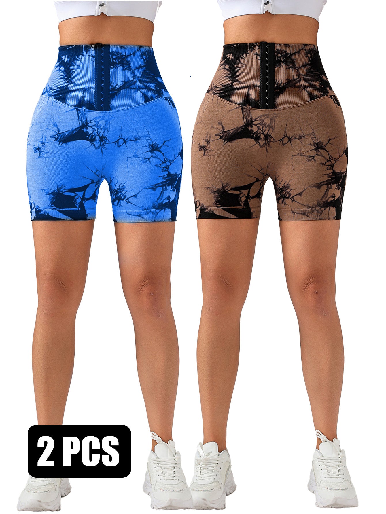 2 Pack 3-ROW HOOK Seamless Sexy Tie Dye Shorts Scrunch Butt Lifting Tummy Control High Waist Quick Drying Sports Yoga Shorts