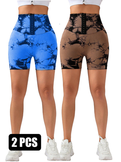 2 Pack 3-ROW HOOK Seamless Sexy Tie Dye Shorts Scrunch Butt Lifting Tummy Control High Waist Quick Drying Sports Yoga Shorts